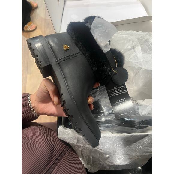 Ralph Lauren Evanston Waterproof Black Leather Winter Warm Fur Moto Boots 5 B - Picture 4 of 5